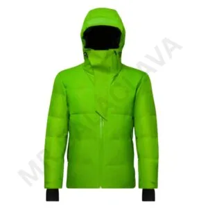 A vibrant green insulated jacket with a hood.