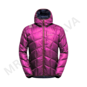 A magenta quilted hooded jacket.