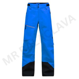 Blue and black ski pants with zippered pockets.