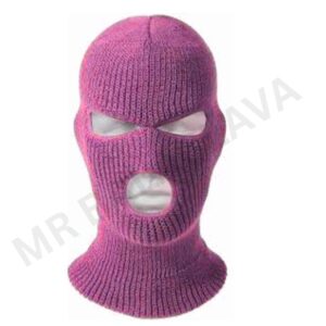 Pink knitted ski mask with three holes for eyes and mouth.