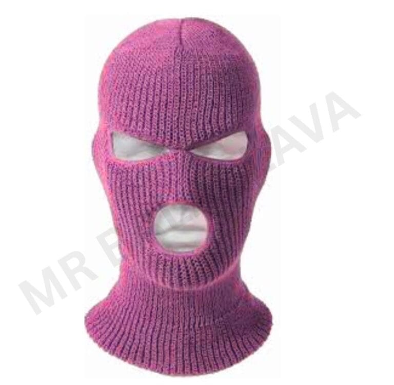 Pink knitted ski mask with three holes for eyes and mouth.