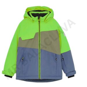 A neon green, grey, and blue color block children's winter jacket.