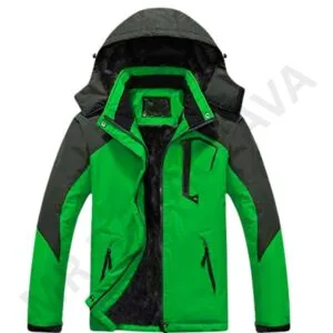 A green and black winter jacket with a hood and zippered pockets.