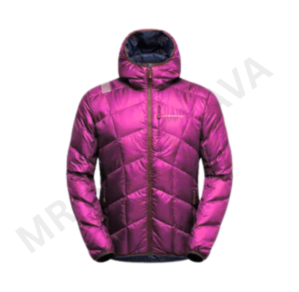 A magenta quilted hooded jacket.