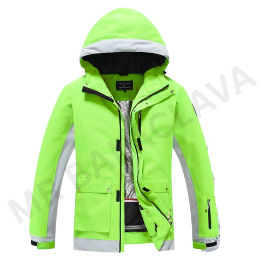 A neon green and gray hooded winter jacket, partially unzipped, revealing a silver thermal lining.