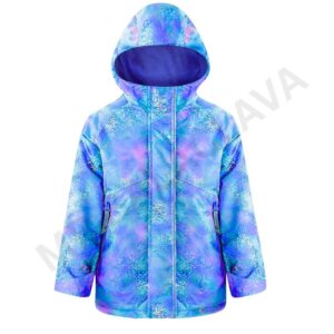 A child's blue and purple patterned winter coat with a hood.