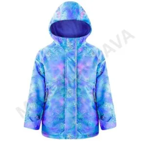 A child's blue and purple patterned winter coat with a hood.