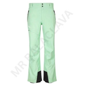 Light green ski pants with black accents and zipper pockets.