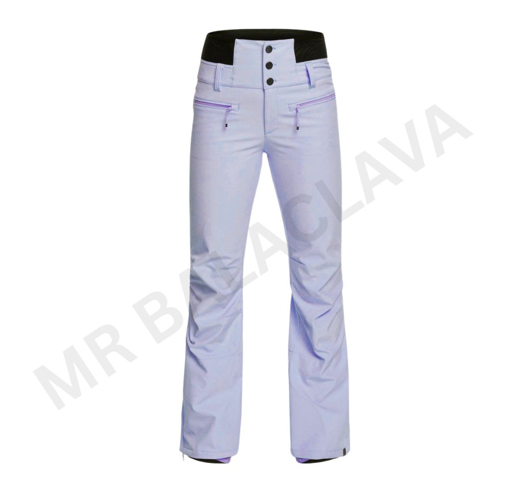 Light lavender ski or snowboard pants with a black waistband and zippered pockets.
