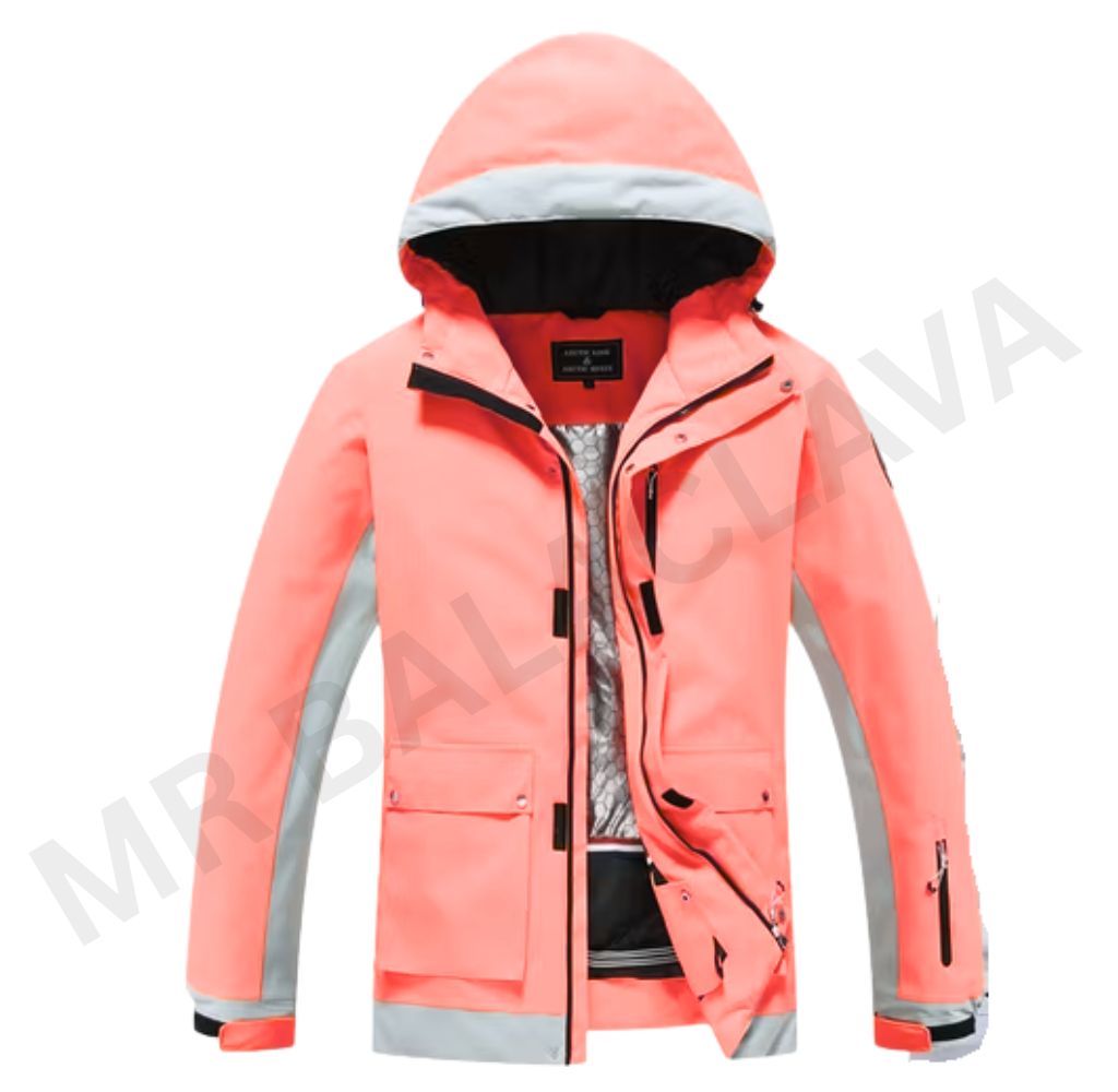 A salmon pink and gray hooded winter jacket, partially unzipped, revealing a silver thermal lining
