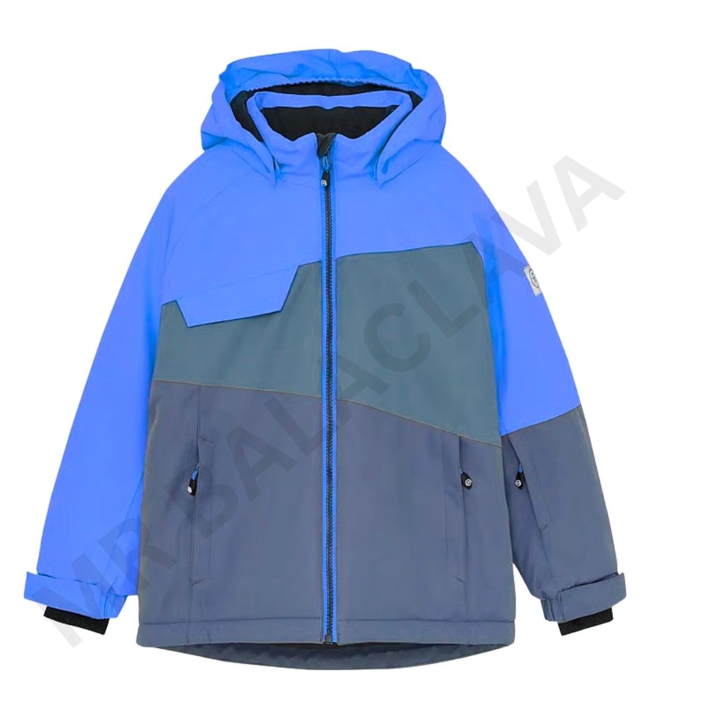 A blue, grey, and dark blue color block children's winter jacket.