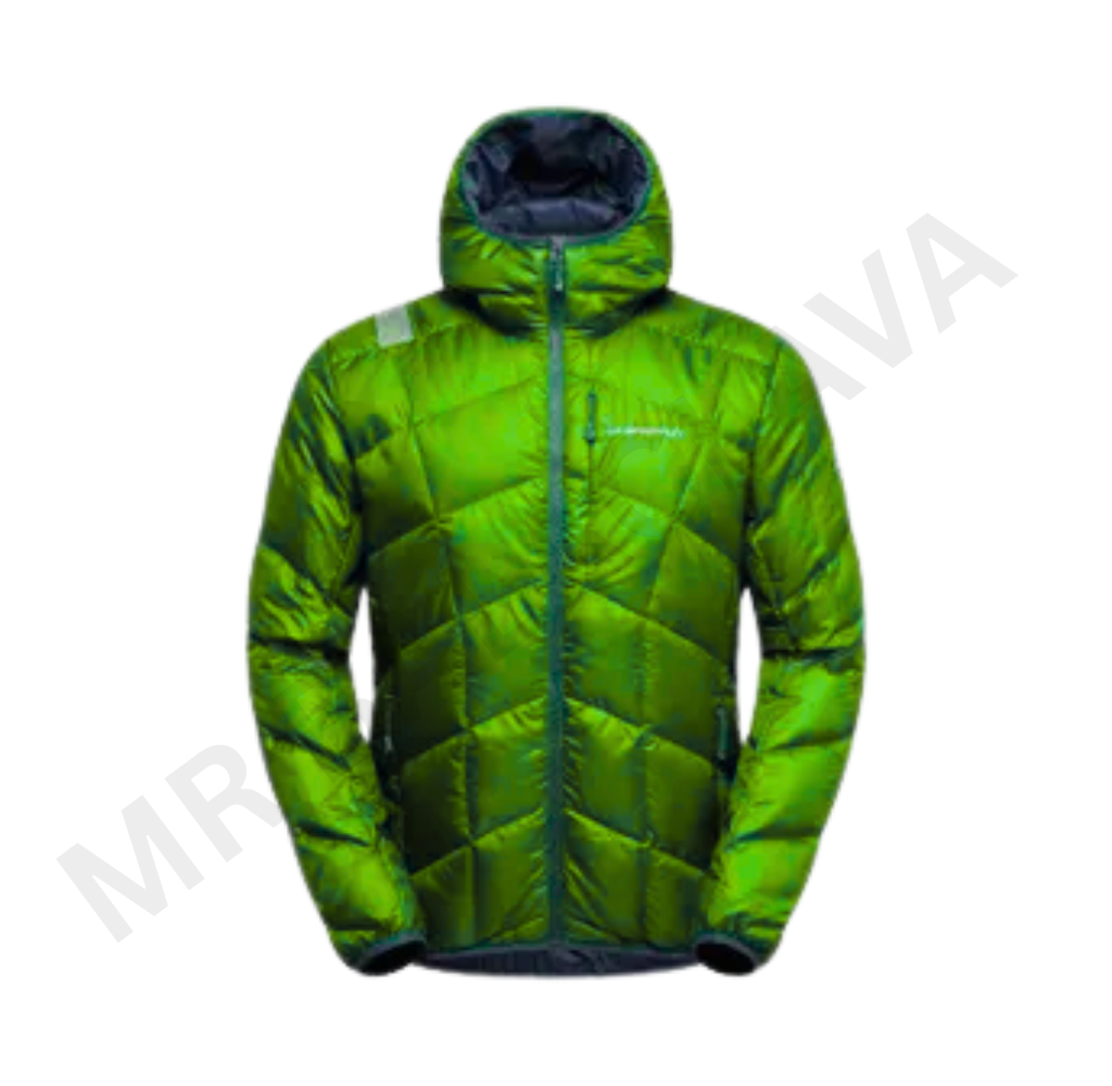 A vibrant green quilted hooded jacket.