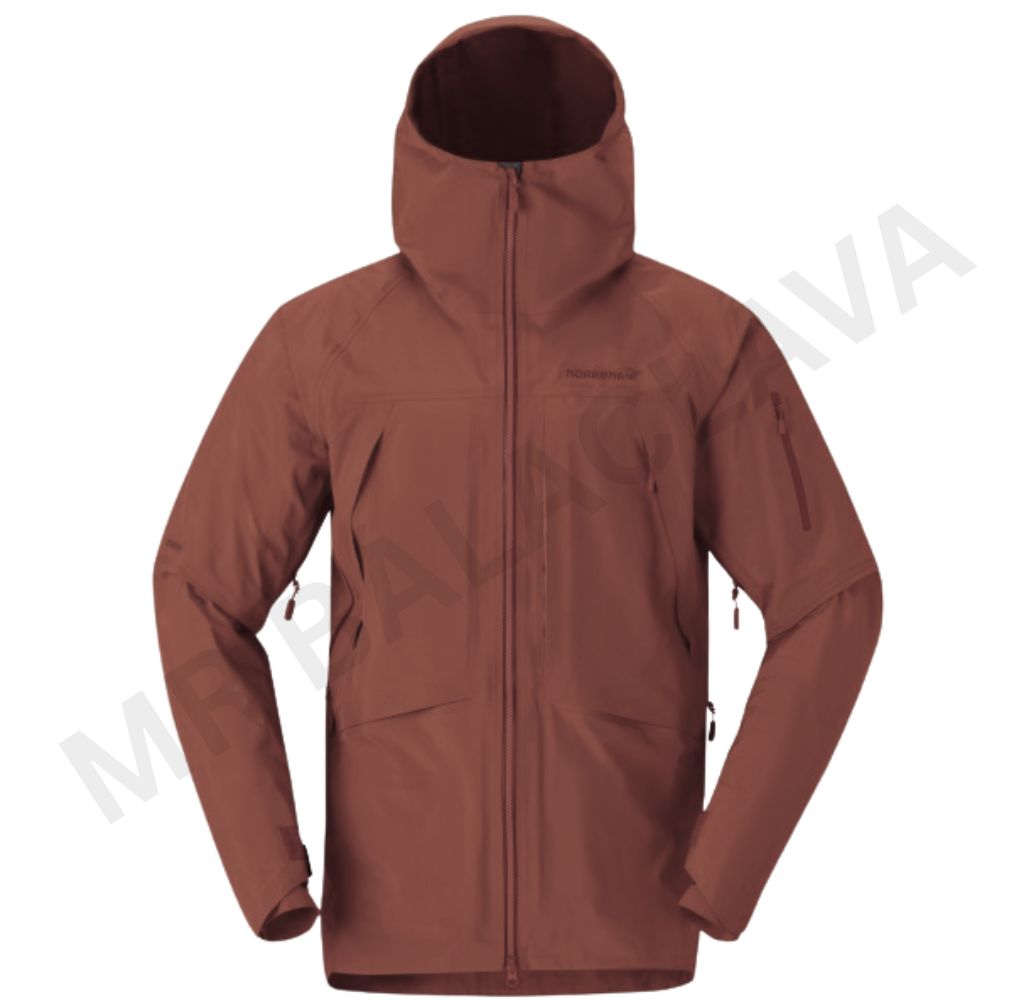 A reddish-brown waterproof jacket with a hood and multiple zippers.
