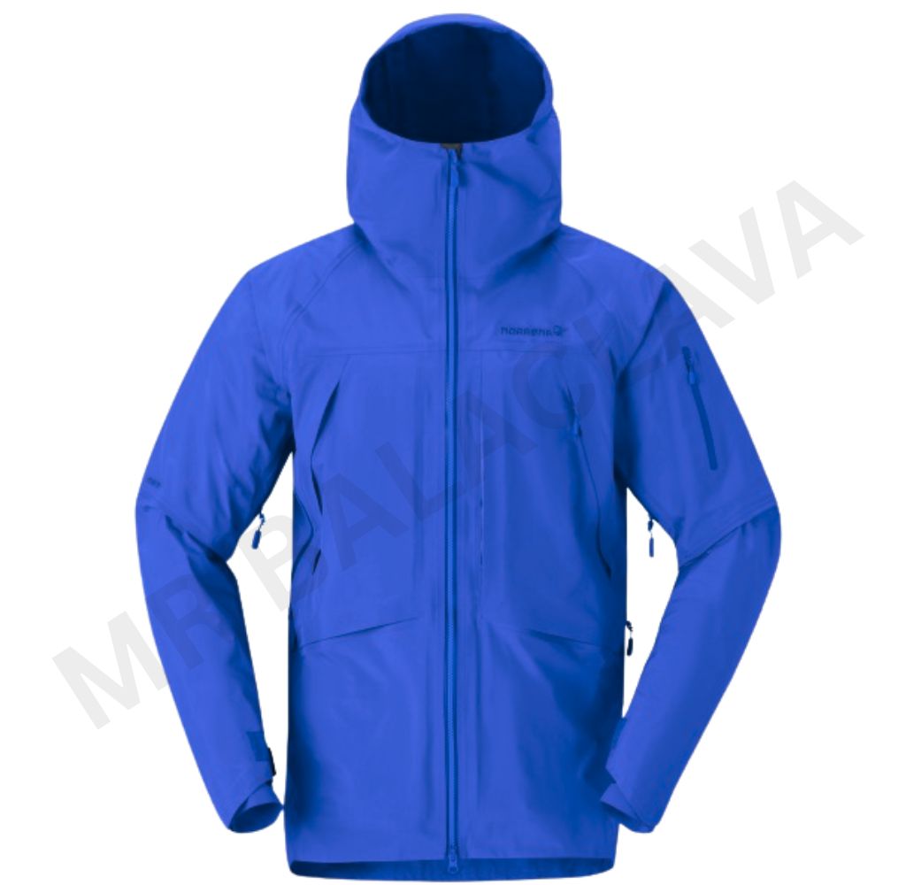 A bright blue waterproof jacket with a hood and multiple zippers.