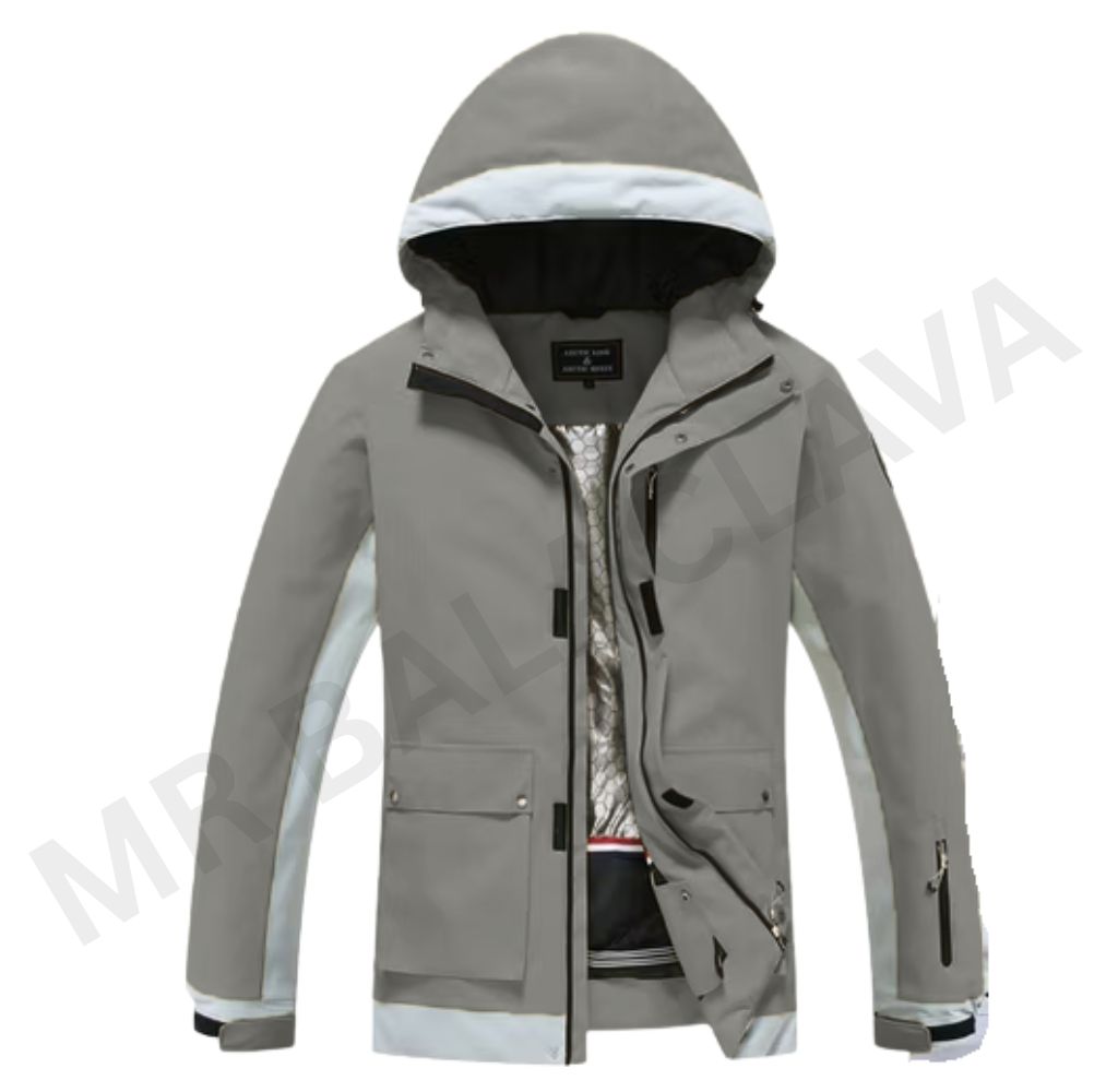 A gray and light gray hooded winter jacket, partially unzipped, revealing a silver thermal lining