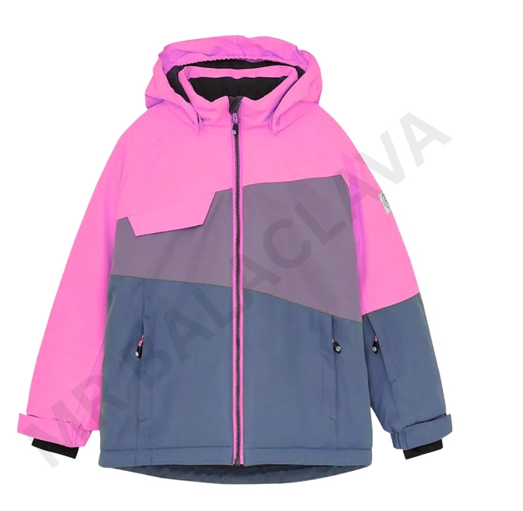 A pink, grey, and blue color block children's winter jacket.