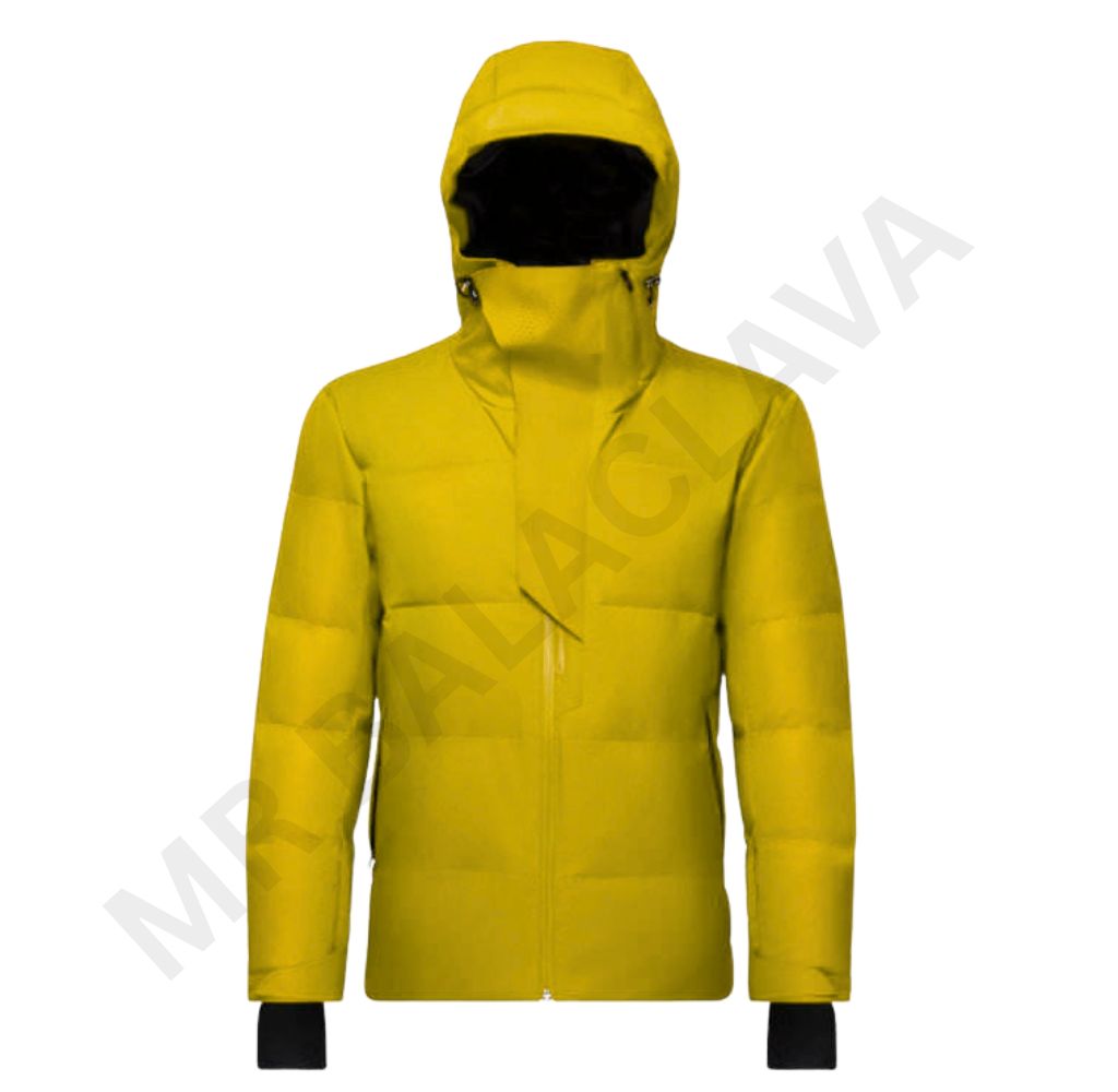 A bright yellow hooded puffer jacket with a full zipper.