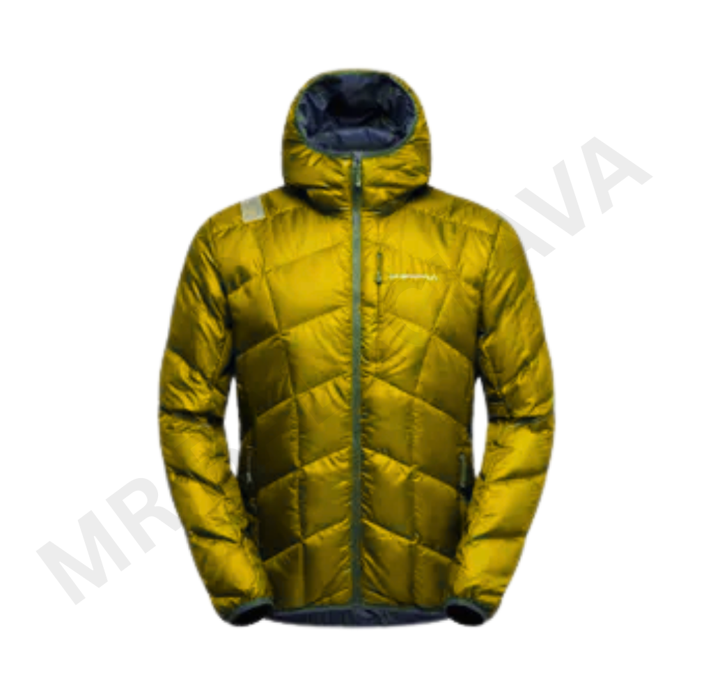 A mustard yellow quilted hooded jacket.