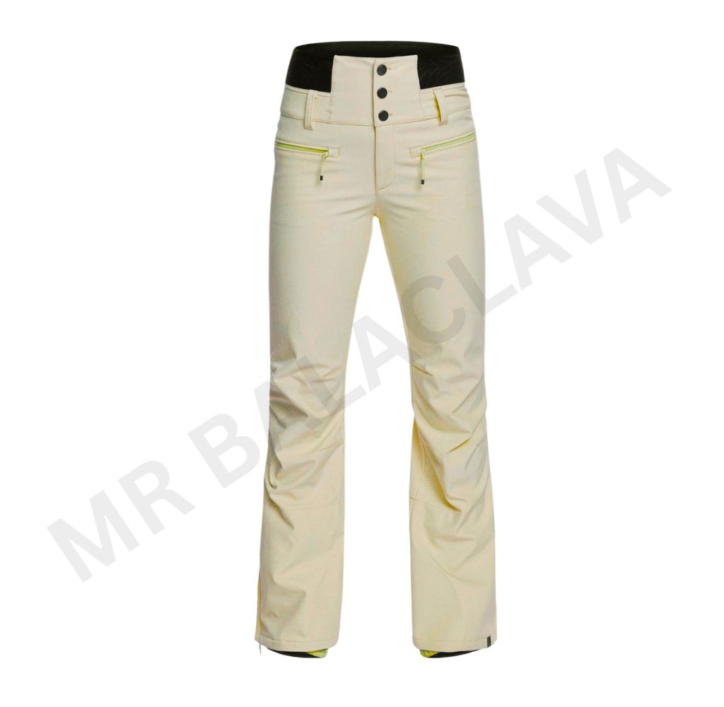 Cream-colored ski or snowboard pants with a black waistband and zippered pockets with light yellow trim.