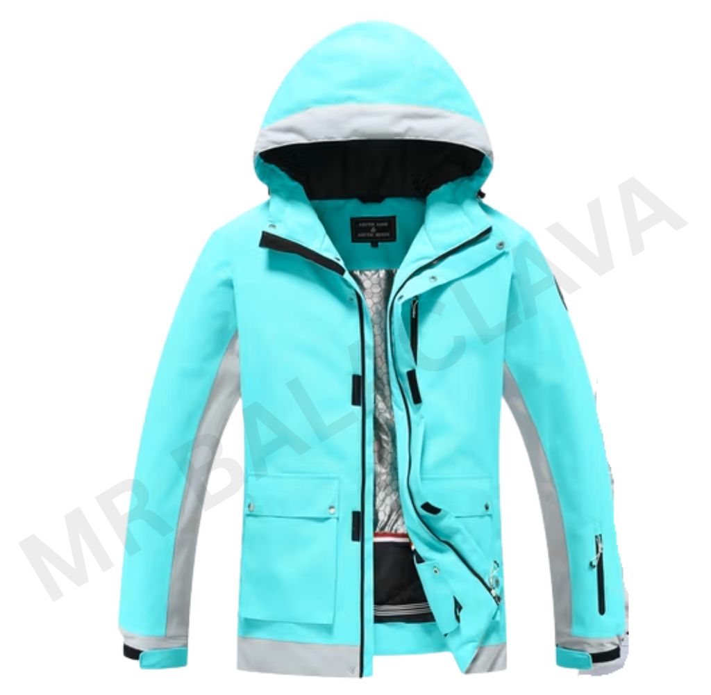A vibrant light blue and gray hooded winter jacket, partially unzipped, revealing a silver thermal lining.