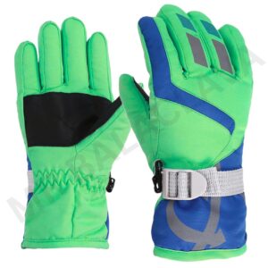 A pair of bright green and blue winter gloves with adjustable wrist straps