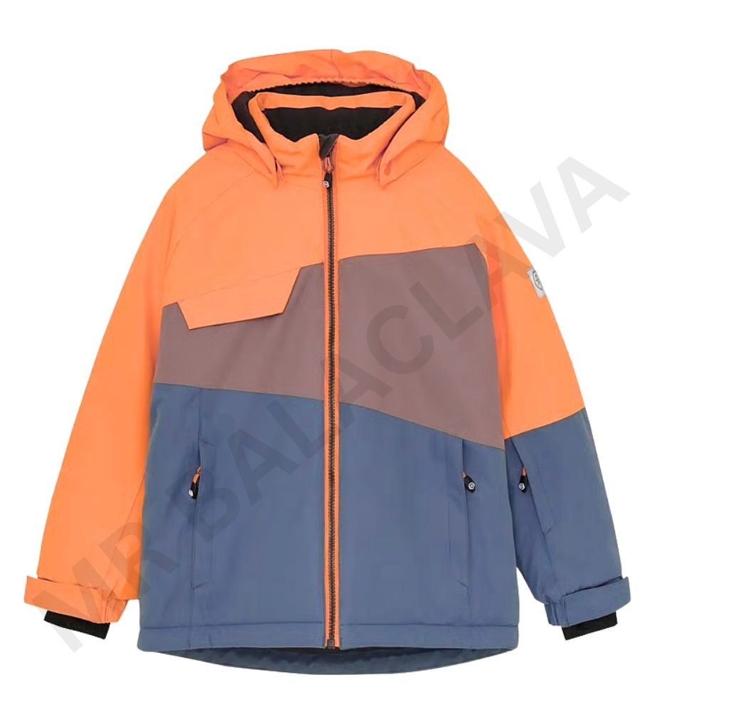 An orange, grey, and blue color block children's winter jacket