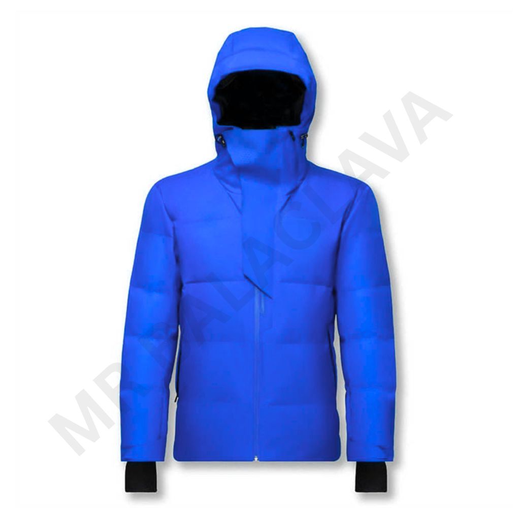 A vibrant blue hooded puffer jacket with a full zipper.
