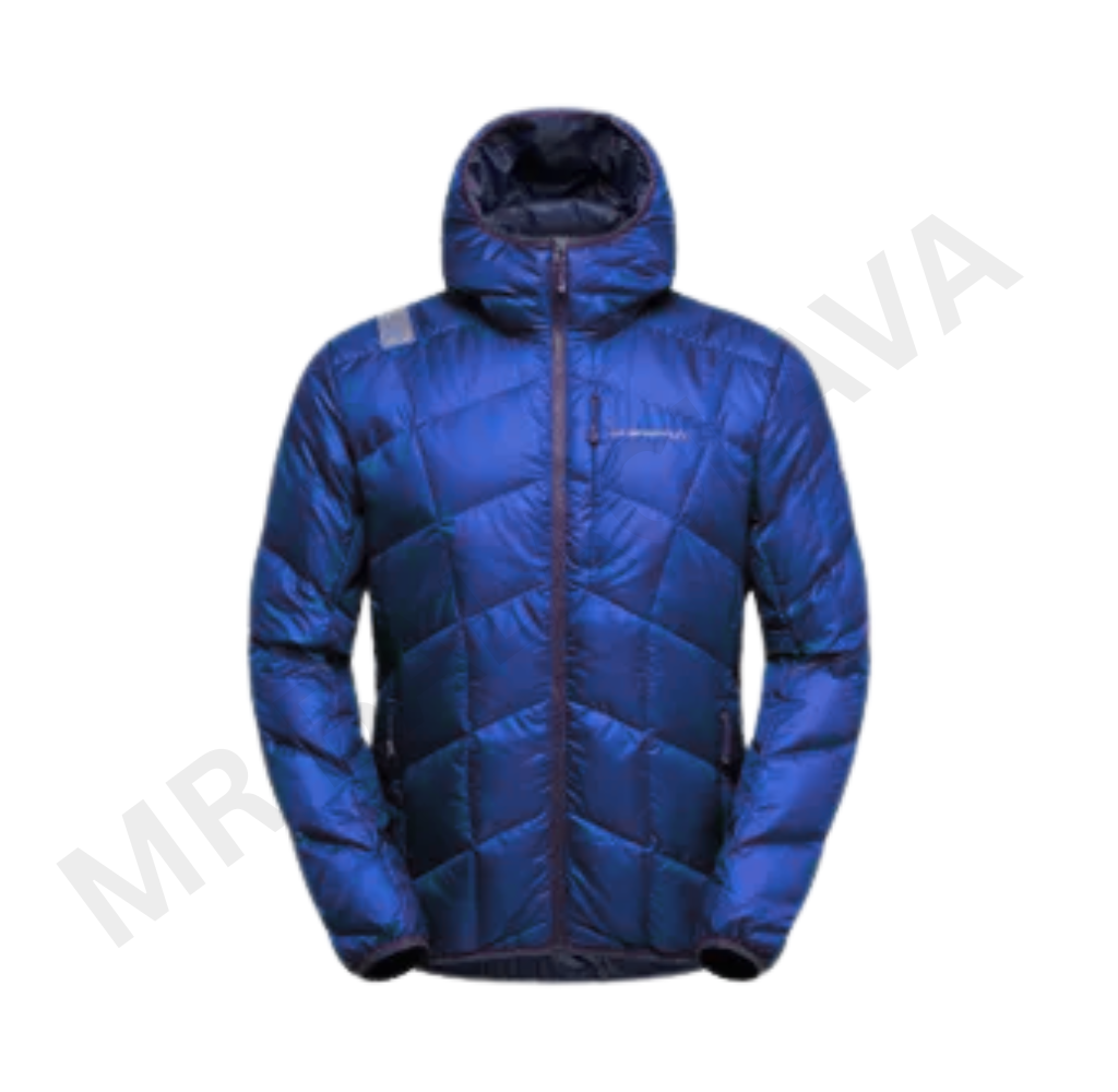 A royal blue quilted hooded jacket.