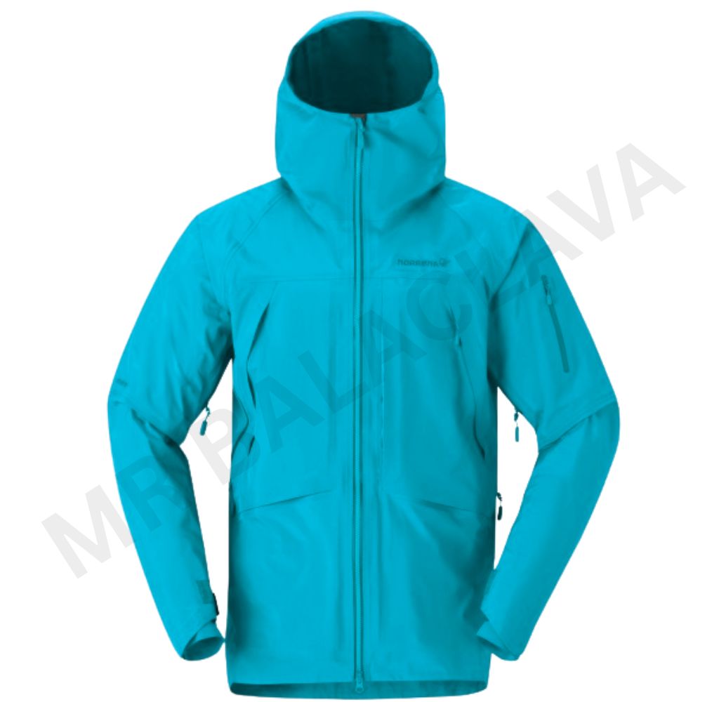 A bright blue-green waterproof jacket with a hood and multiple zippers.