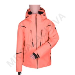 A vibrant coral-orange waterproof jacket with black zippers and accents.