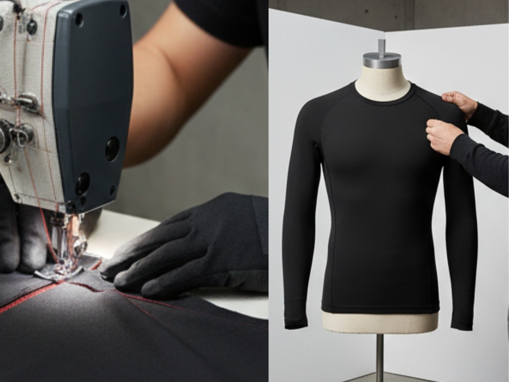 Industrial sewing machine stitching a base layer fabric; black long-sleeve base layer on a mannequin.
