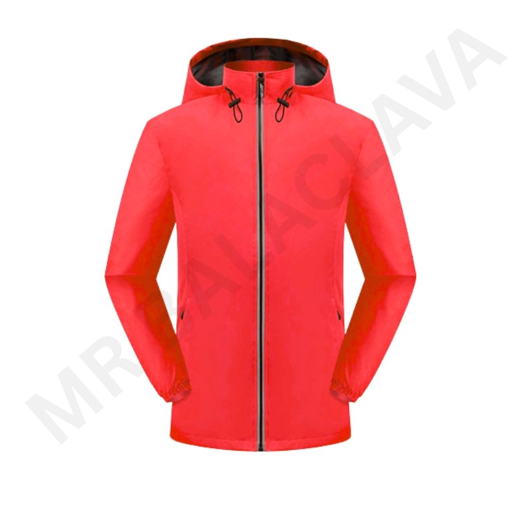A vibrant red hooded jacket with a black zipper and drawstring details.