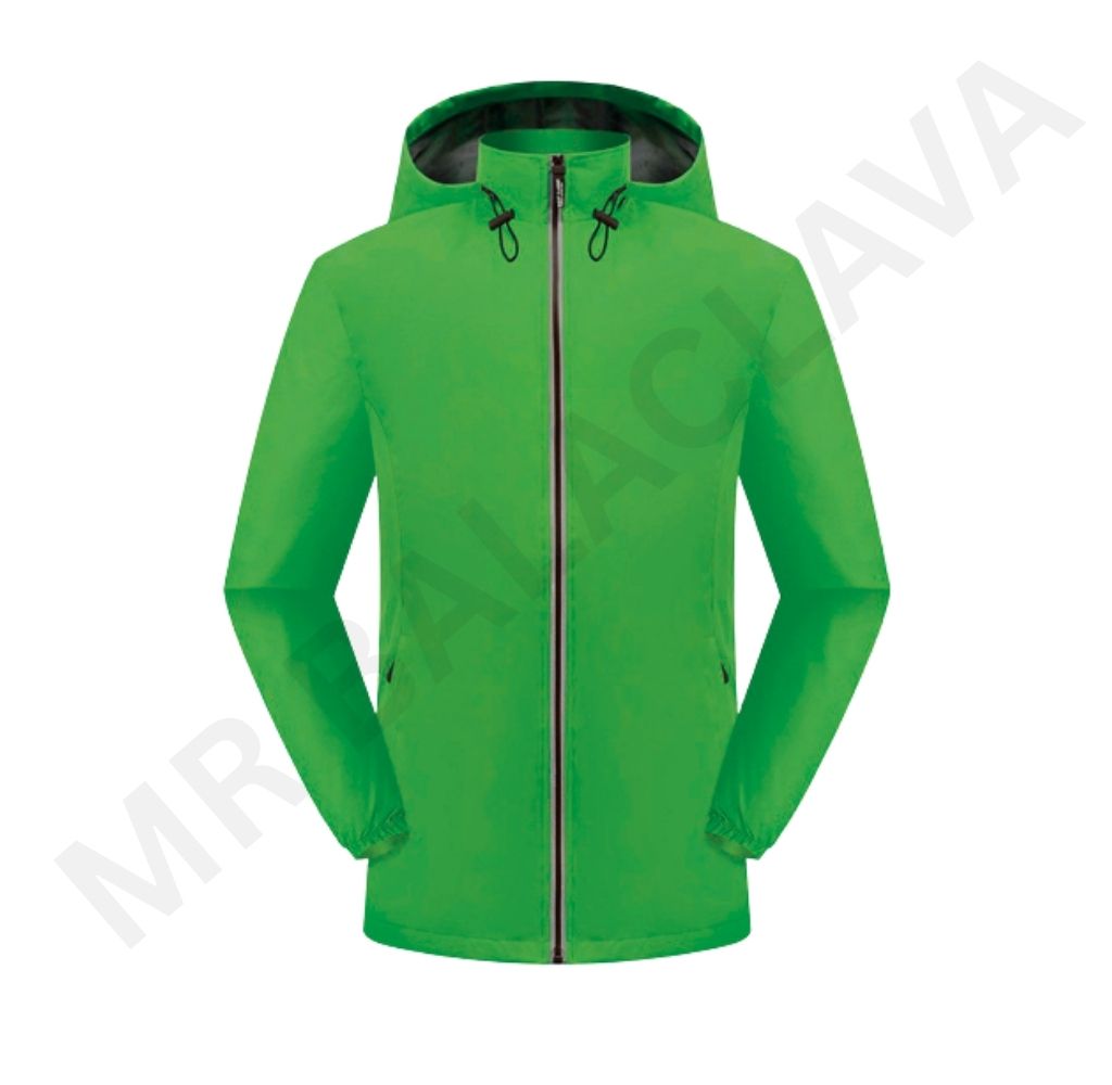 A bright green hooded jacket with a black zipper and adjustable drawstrings on the hood.