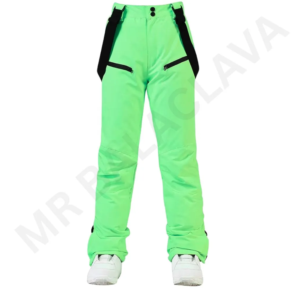 Neon green snow pants with black suspenders.