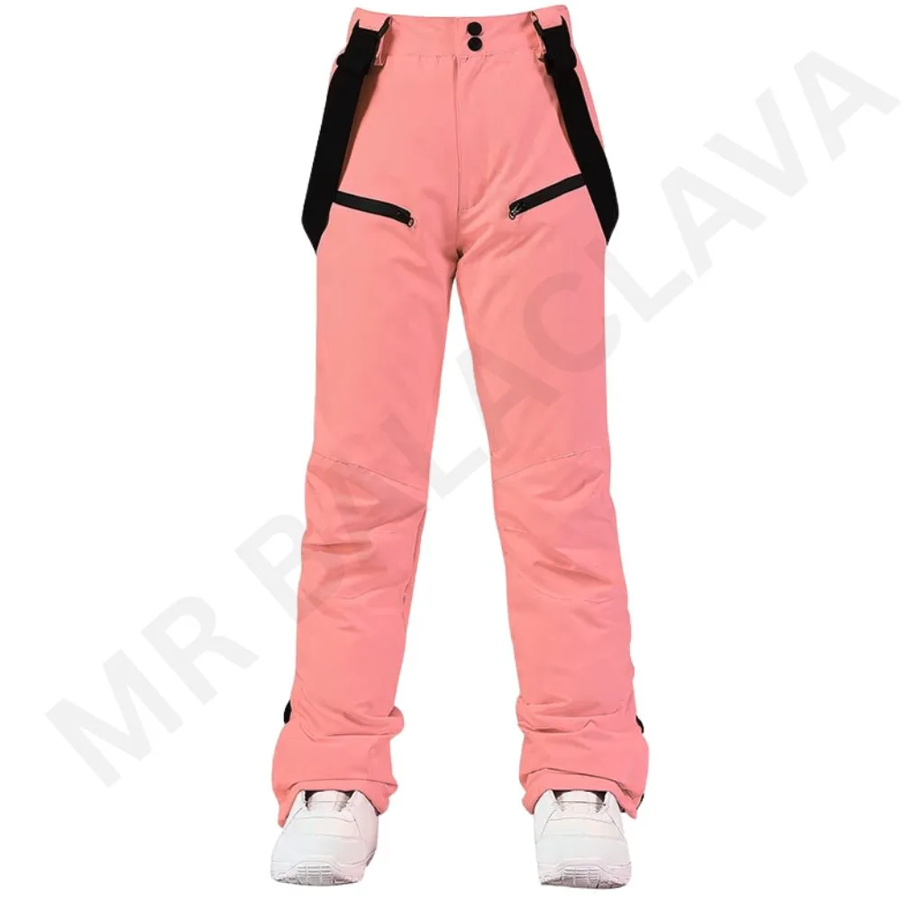 Peach-colored snow pants with black suspenders.