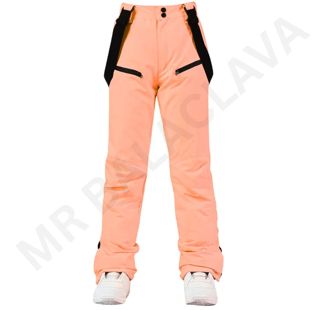 Light orange snow pants with black suspenders.