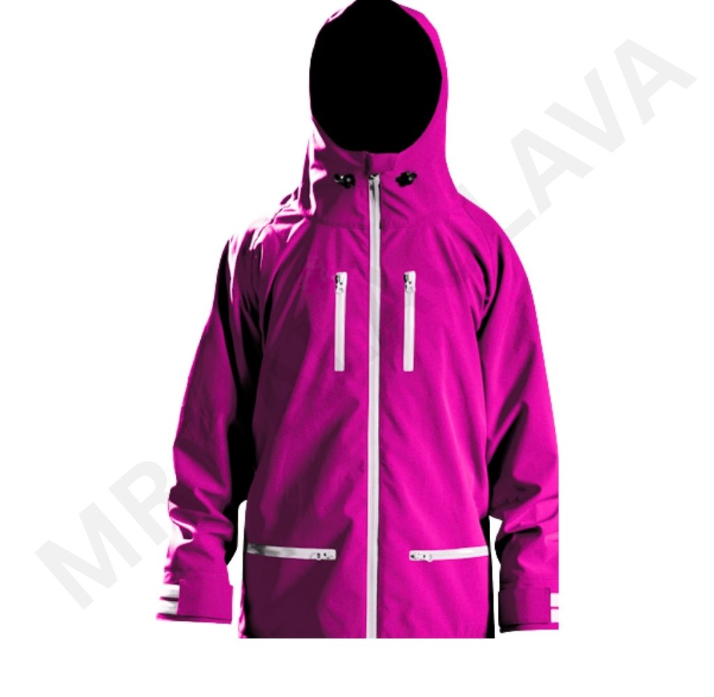 A bright magenta waterproof jacket with a hood, white zippers, and discreet branding.