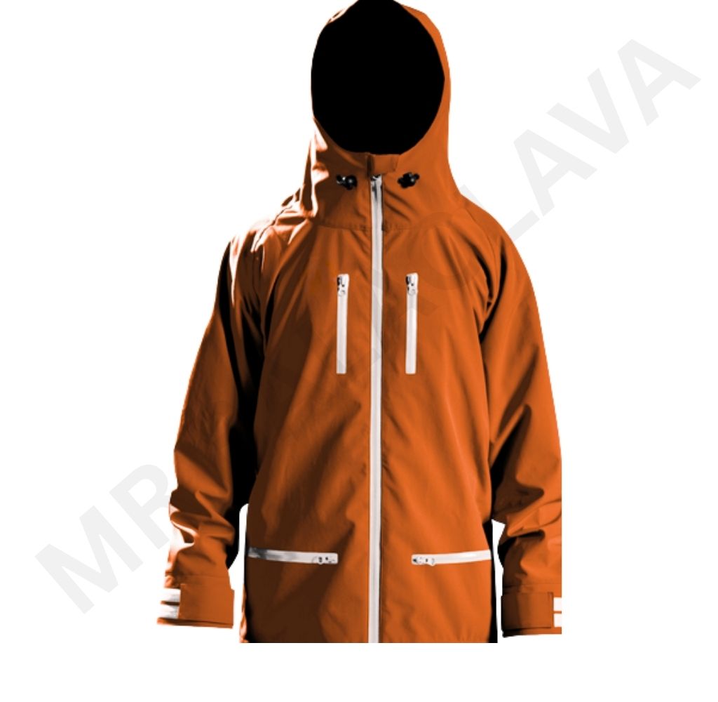 An earthy orange waterproof jacket with a hood and white zippers.