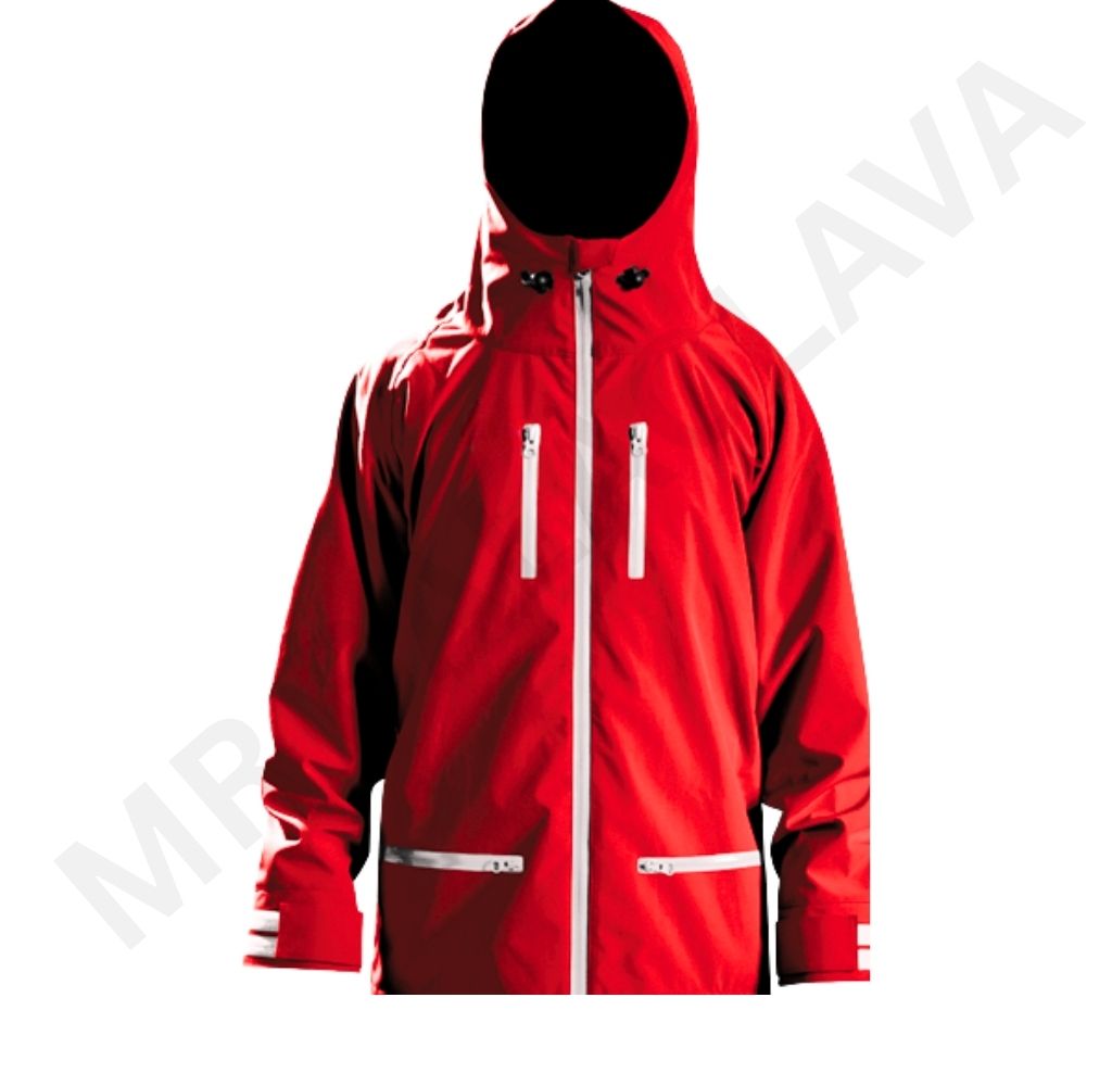 A vibrant red waterproof jacket with a hood, white zippers, and subtle branding.