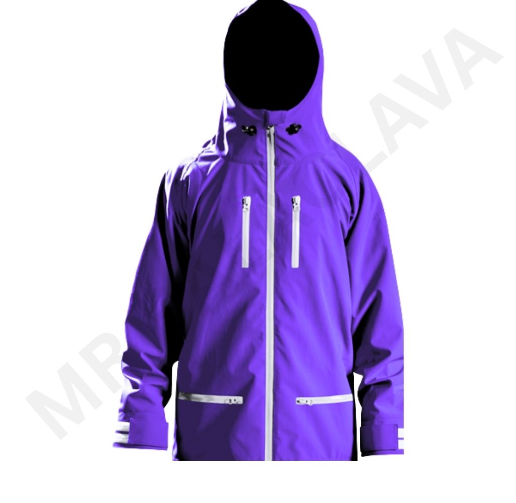 A vivid purple waterproof jacket with a hood, white zippers, and subtle branding.