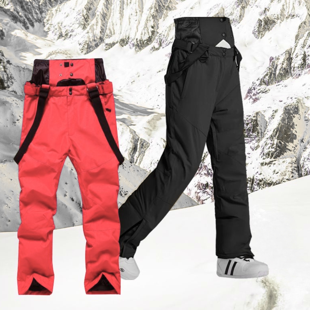 Two pairs of ski pants displayed against a snowy mountain backdrop: a red pair with black straps on the left and a black pair with extra pockets on the right, showcasing different styles of alpine ski pants.