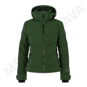A dark green puffer jacket with a hood and black zippers.