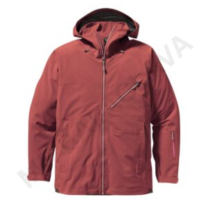 Red waterproof ski jacket with hood and multiple zippers.