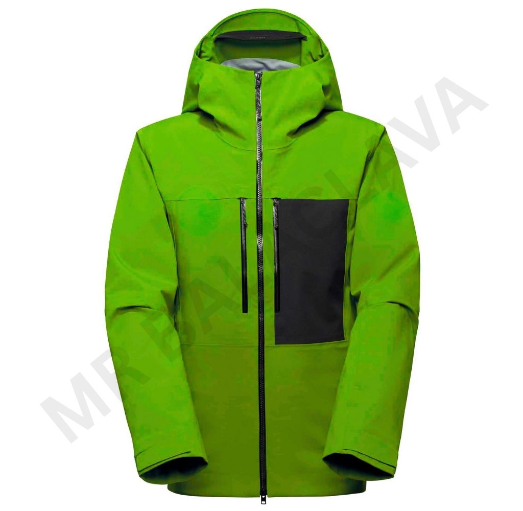 A bright green technical jacket with black accents and multiple zippered pockets on a white background.