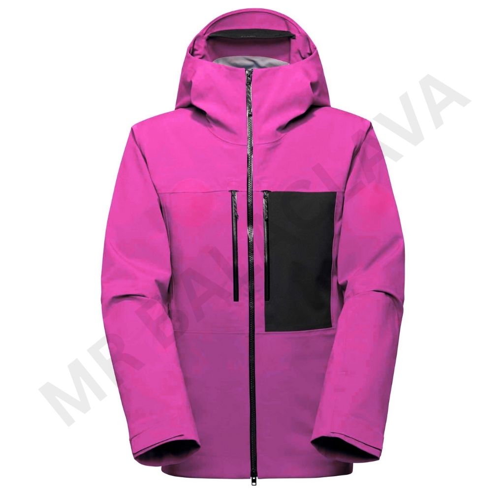 A vibrant magenta technical jacket with black accents and multiple zippered pockets on a white background.