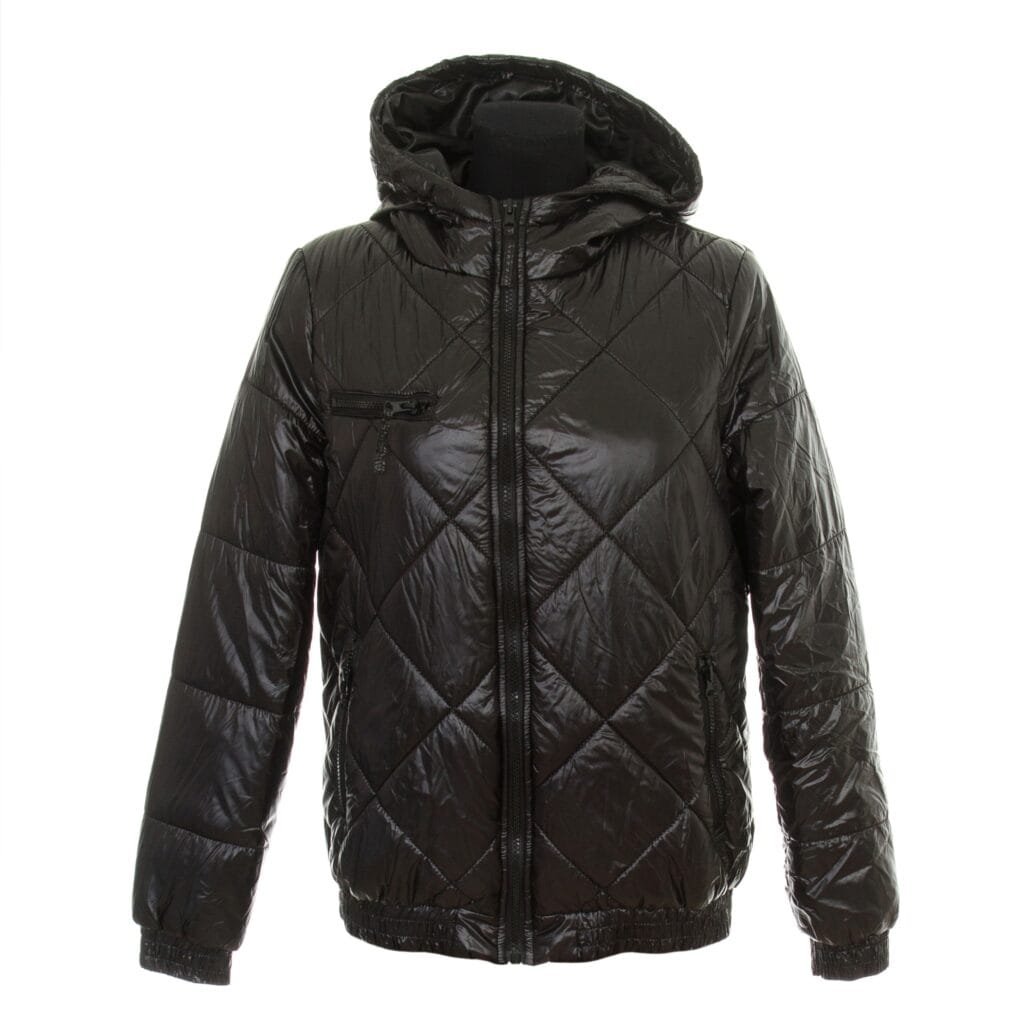 Black quilted insulated ski jacket with hood, full front zipper, chest pocket zipper, and elastic cuffs, designed for professional performance use.