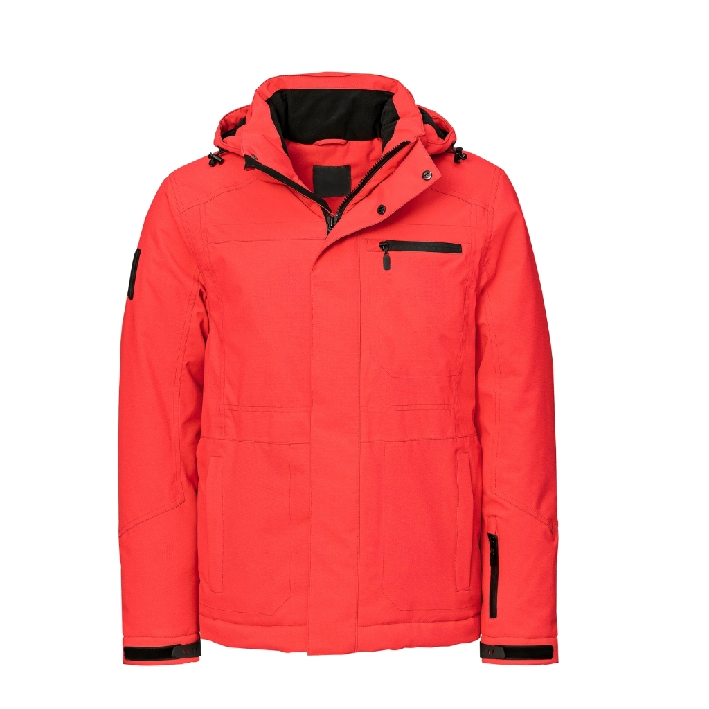 Bright coral insulated ski jacket with a high collar and detachable hood. Black zipper accents on the chest pocket and sleeve pocket, black interior lining, and adjustable cuffs with Velcro straps. Front pockets and a weatherproof design.