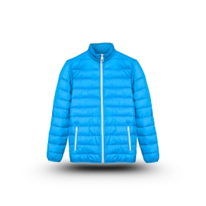 Bright blue insulated ski jacket with a front zipper, stand collar, horizontal quilting, and side pockets with light-colored zippers.