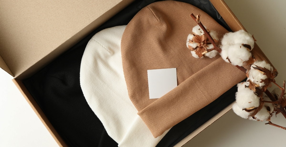 „Schachtel mit gefalteten Strickmützen in neutralen Farben: Kamel, Weiß und Schwarz, mit einer kleinen weißen Karte auf der kamelfarbenen Mütze und Baumwollzweigen in der oberen rechten Ecke.“