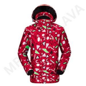 A vibrant red jacket with a playful geometric pattern in green, black, and white.